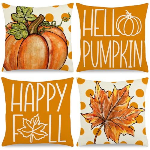 Feivando Fall Pillow Covers, 18x18 Orange Polka Dot Linen Cushion Case Set