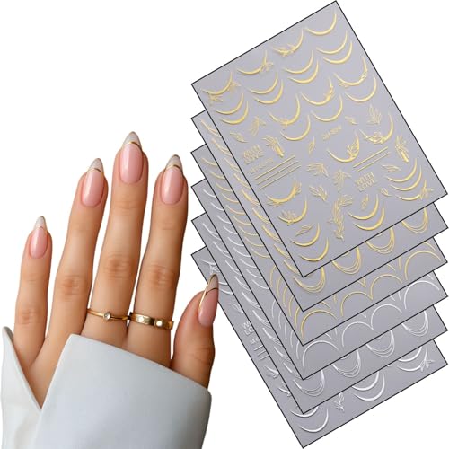 French Tip Nail Stickers Gold and Silver Metallic Decals - 6 Sheets