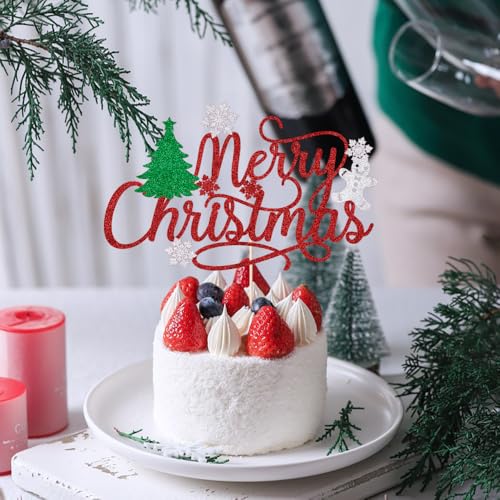 Merry Christmas Cake Topper Red Glitter Holiday Party Decoration