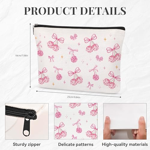Pink Bow Makeup Bag Waterproof Linen Travel Cosmetic Pouch for Women