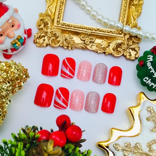 VGNRAR Christmas Press on Nails Short Square Snowflake False Nails