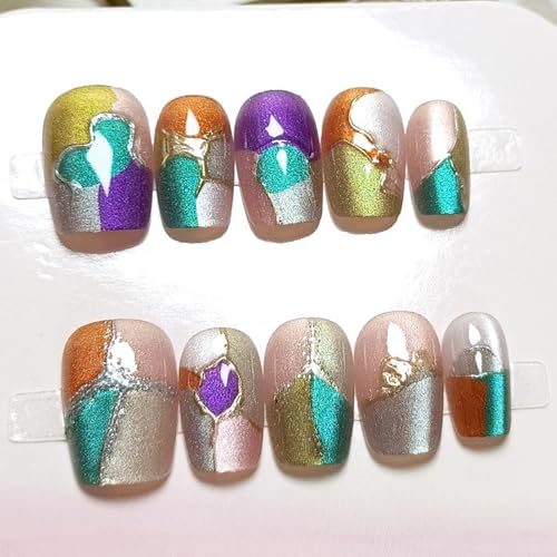 Handmade Press on Nails Medium Square Acrylic False Nails with Grid Design