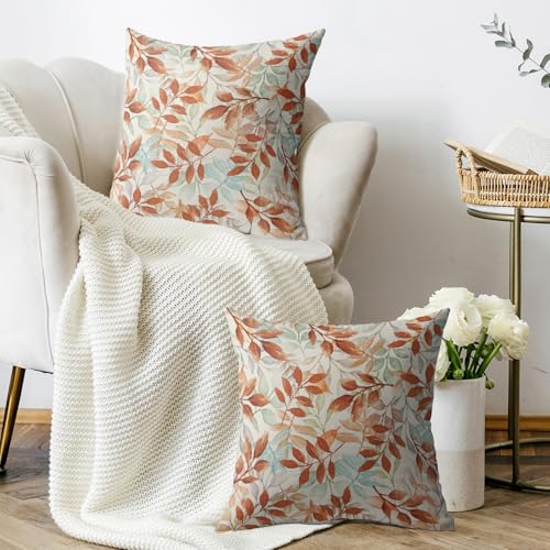 Burnt Orange Fall Pillow Covers 18x18 - Set of 2 Autumn Leaves