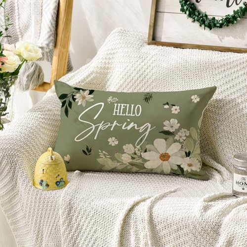 Hello Spring White Daisy Throw Pillow Cover - 12x20 Inch Eucalyptus Design