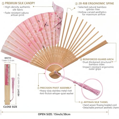 Pink Japanese Folding Hand Fan for Women - Bamboo Silk with Pouch