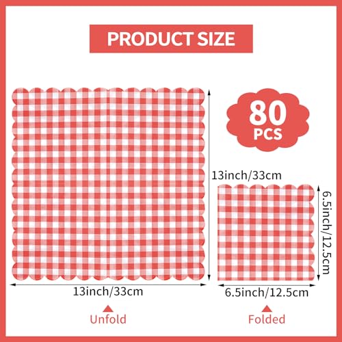 80 Pcs Red Gingham Scalloped Paper Napkins, 6.5 Inch Checkered Tableware