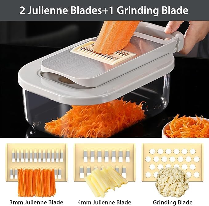 Skiennix 11-in-1 Mandoline Vegetable Chopper - Multifunctional Food Dicer with Container for Salad & Fruit (Beige)
