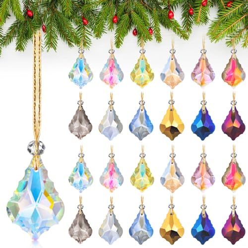 Crystal Glass Christmas Ornaments - Diamond Variation - 24 Pack Multicolor Prism