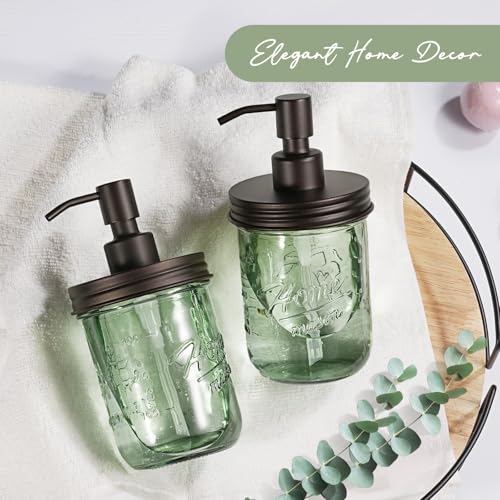 16oz Green Glass Mason Jar Soap Dispenser, Wide Mouth, Bronze