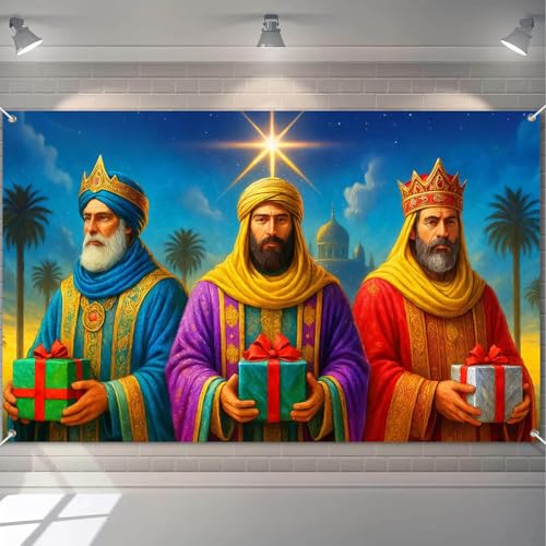 Christmas Nativity Banner 71x43 Inch Three Wise Men Holy Night Backdrop - Red-Green