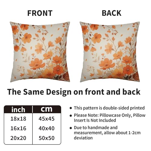 Burnt Orange Fall Floral Pillow Covers 18x18, Set of 2 Cotton Linen Cases