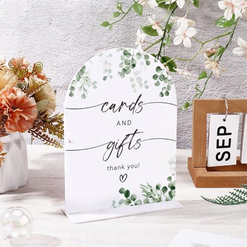CRASPIRE Arched Cards and Gifts Table Sign 5.9"x7.8" White Acrylic Plaque with Base for Wedding Reception and Anniversary Party Decor