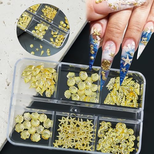 Ocean Style 3D Gold Nail Charms and Gems Seashell Starfish Rhinestones