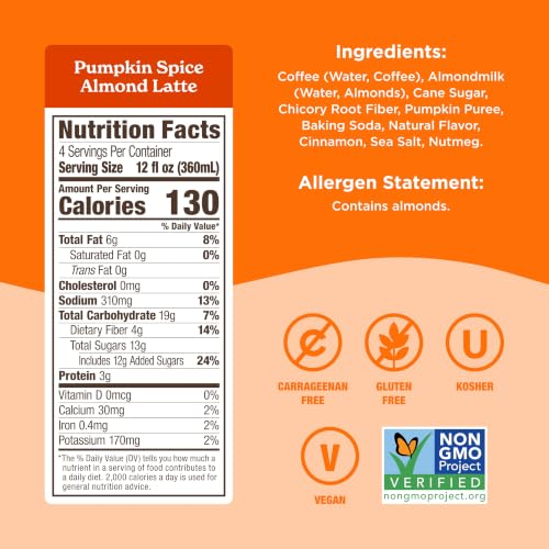Califia Farms Pumpkin Spice Latte Cold Brew Coffee, 48 Oz - Dairy Free, Vegan