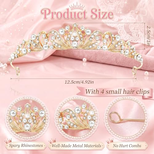 Grevosea Gold Tiara Crown Rhinestone Princess Headband for Women
