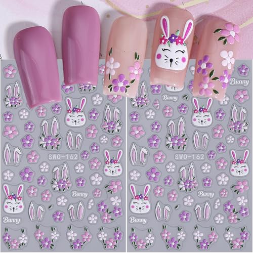 Easter Nail Stickers 3D Embossed Rabbit Spring Flower Decals 2 Sheets