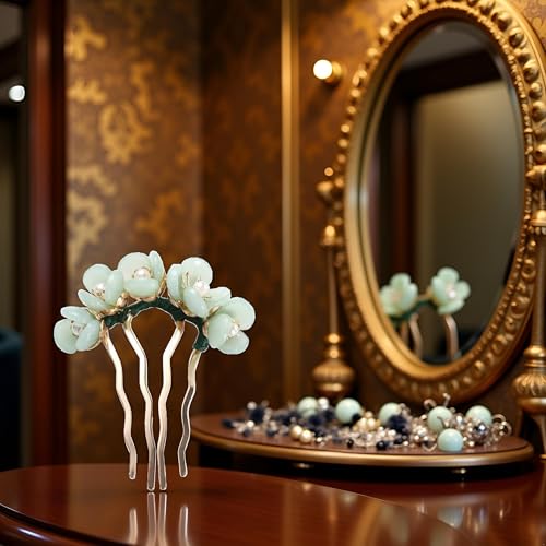 Green Hair Fork Clip 4-Prong Vintage Chinese Style Hair Stick Pin