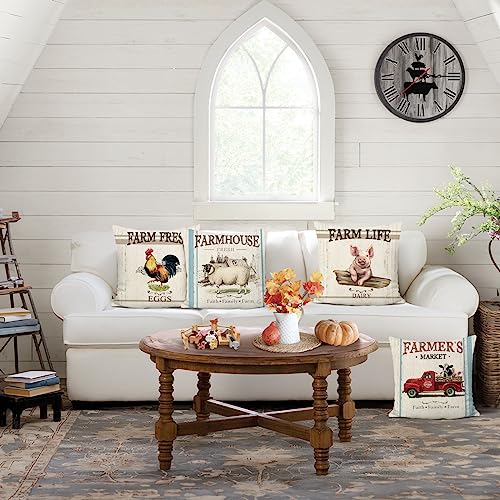 Farmhouse Animal Throw Pillow Covers 18x18 Inch Set of 4 - Cow, Sheep, Pig, Rooster Decor