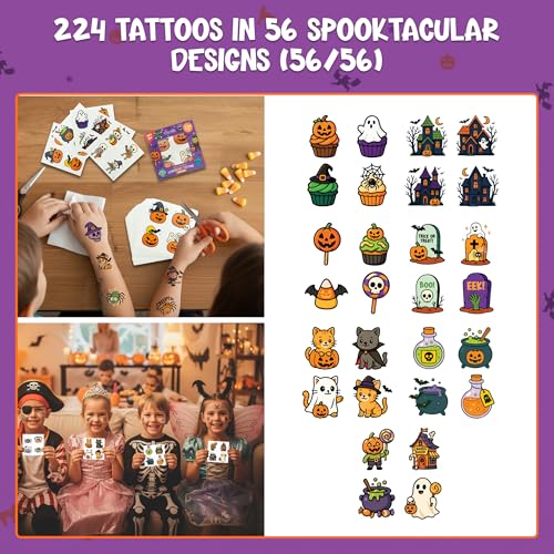 Decorably Halloween Temporary Tattoos for Kids 224 Pcs 56 Sheets Non-Toxic