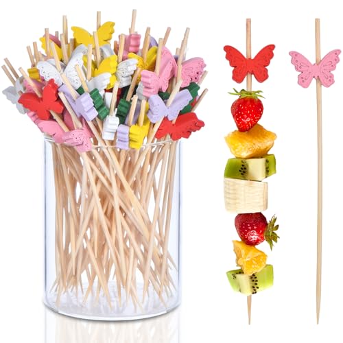 Multicolor Butterfly Cocktail Picks - 100 Pack Bamboo Appetizer Toothpicks