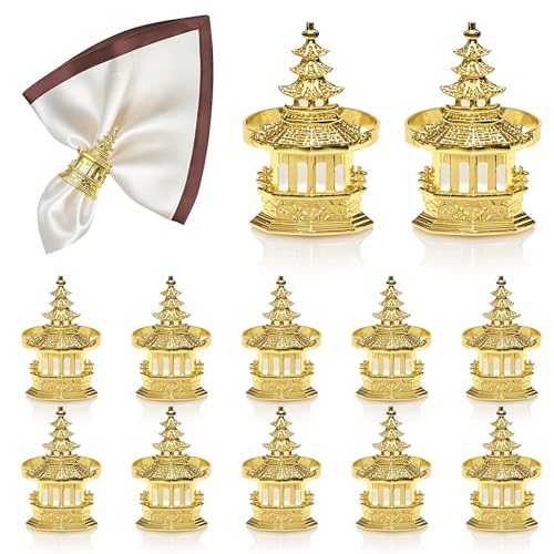 Gold Chinoiserie Pagoda Napkin Rings Set of 12 - Asian Tower Table Decor