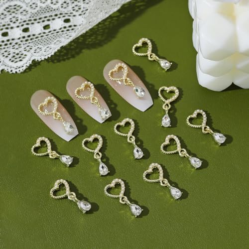 40Pcs Heart & Star Dangle Nail Charms Silver Gold Rhinestone Gems