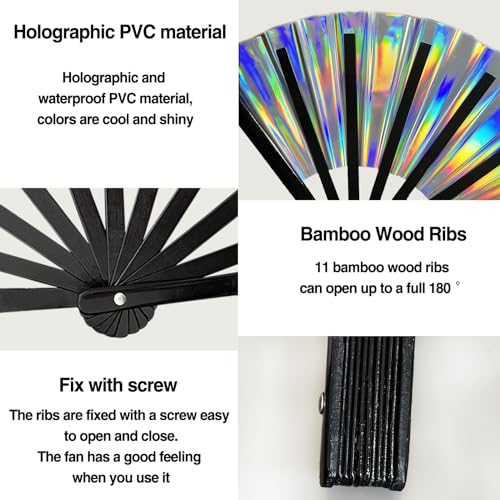 dmjuncong Folding Hand Rave Fan, Holographic Purple, 11 Inch Large PVC Fan