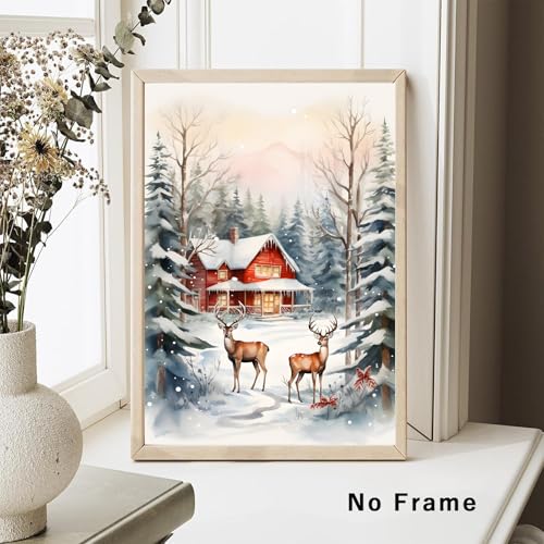 Vintage Christmas Deer Canvas Wall Art - 16x24 Inch Unframed