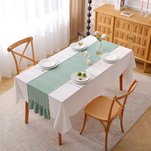 Green White Plaid Gingham Ruffle Table Runner - 13x72 Inch, Cotton
