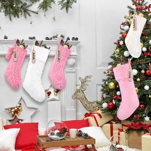 Christmas Stockings Set 5 Pcs Knitted & Plush Holiday Decorations - White & Pink, 18in & 15in, Farmhouse Rustic Style