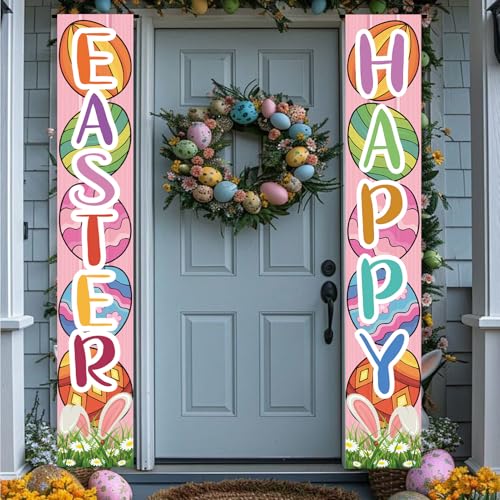 Easter Door Banner Porch Sign - Pink Bunny & Egg Spring Decor
