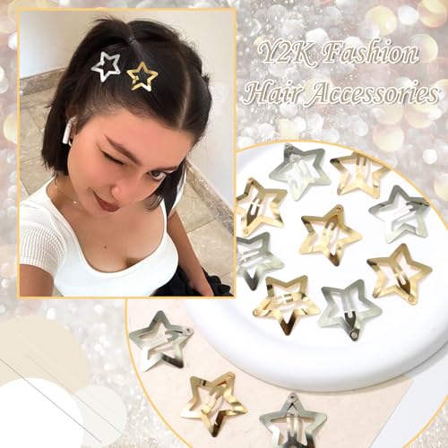 NAISKA Gold and Silver Star Hair Clips 20PCS Metal Y2K Snap Barrettes