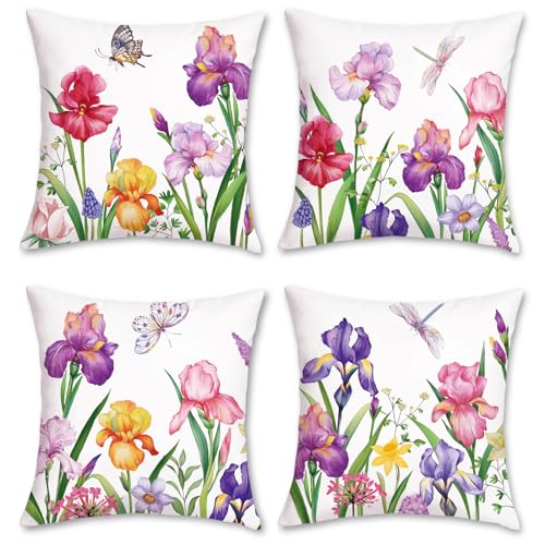 Bonhause Floral Throw Pillow Covers Set of 4, 18x18 Inch Velvet Cushion Cases for Home Decor