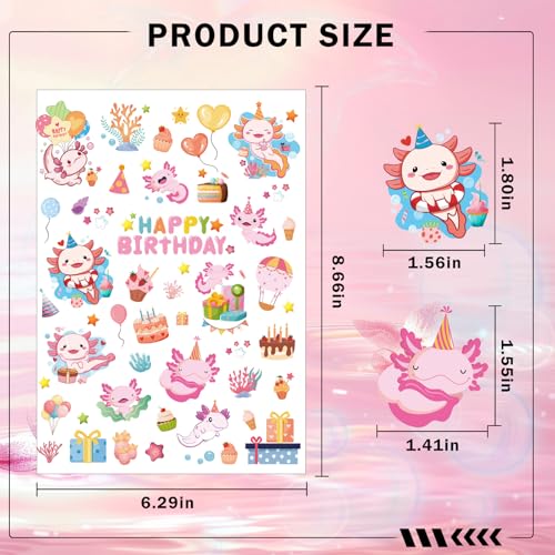 Pink Axolotl Temporary Tattoos - 6 Sheets 240+ Cute Party Favors