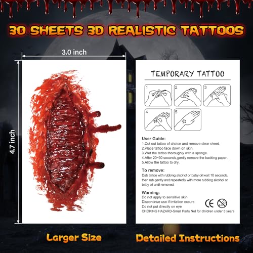Halloween Temporary Scar Tattoos - 30 Sheets Realistic Waterproof Fake Wounds