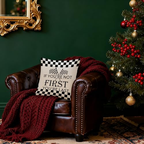 Motivational Race Car Pillow Cover 18x18 - Boys Room Decor, Checkered Inspirational Throw Pillow Cover - Colour-Inspirational Design