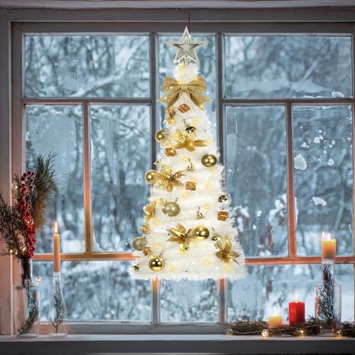 Suncalla 40-inch Wall Hanging Christmas Tree with LED Lights - White Gold, Classic