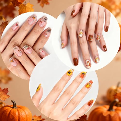 Allstarry Fall Nail Stickers 6 Sheets 3D Self-Adhesive Autumn Maple Leaves & Pumpkins