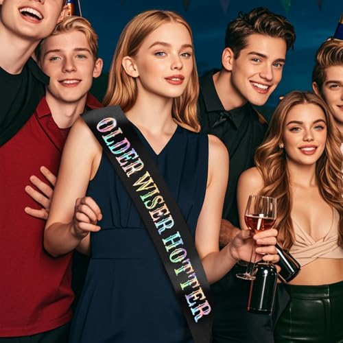 Older Wiser Hotter Birthday Sash with Iridescent Foil - Black