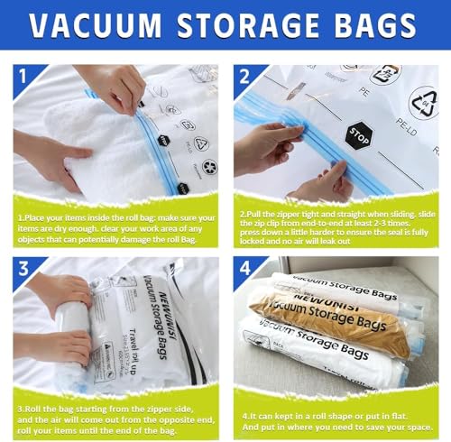 Newunisi 12-Piece Travel Vacuum Storage Bags, Roll-Up Compression Bags