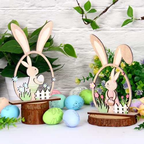 Easter Bunny Desk Ornaments - 2Pc Wooden Floral Decor Set
