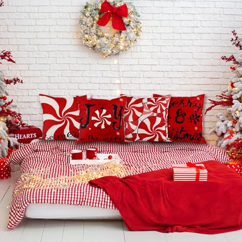Vellibring Christmas Candy Pillow Covers, 18x18 Set of 4 Red & White Linen