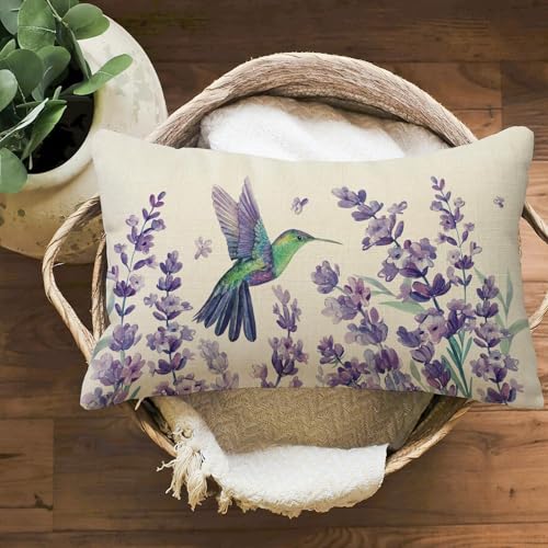 Fahrendom Purple Hummingbird Floral Lumbar Pillow 20" x 12"