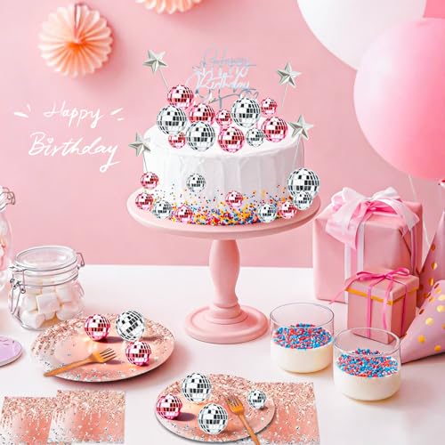 30-Piece Disco Ball Cupcake Topper Set, Pink and Silver Retro Party Decor