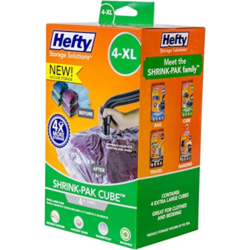 Hefty Shrink-Pak – 4 Extra Large Vacuum Seal Storage Bags – Space Saver Bags for Clothing, Pillows, Towels, or Blankets, 4 x XL Cubes