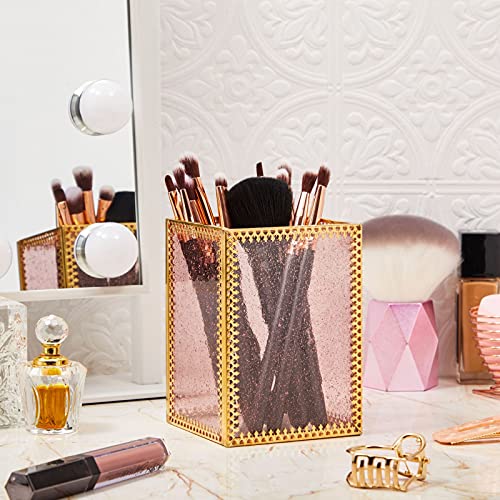 Glamlily Vintage Pink Glass Makeup Brush Holder with Gold Brass Frame