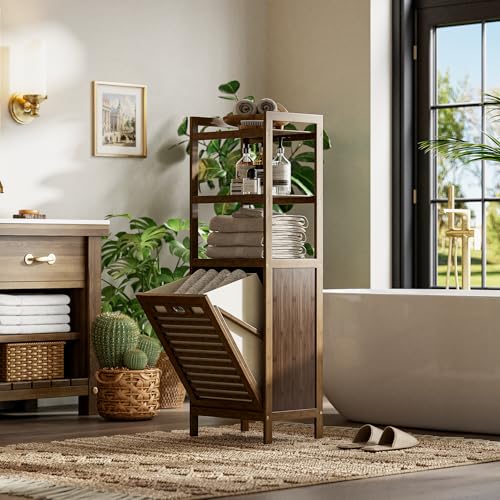 HITNET Bamboo Tilt Out Laundry Hamper, Bathroom Storage Cabinet with Hidden Removable Basket and 3 Open Shelves, Space Saving Bamboo Storage for Clothes, Towels and Toys, Walnut