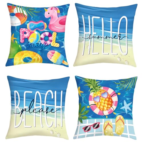 Joymaison 18x18 Velvet Throw Pillow Covers - Summer Pool Party Set of 4