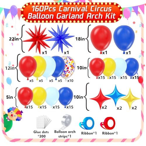 Carnival Balloon Garland Kit 160pcs - Red, Blue & Yellow Party Decor