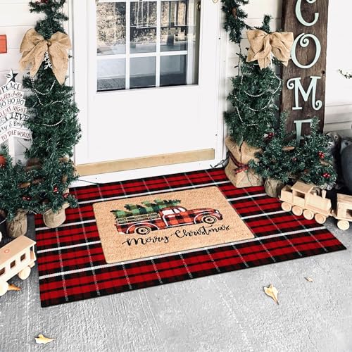 Christmas Door Mat Outdoor 24x51 Reversible Buffalo Check Rug - Red & Black